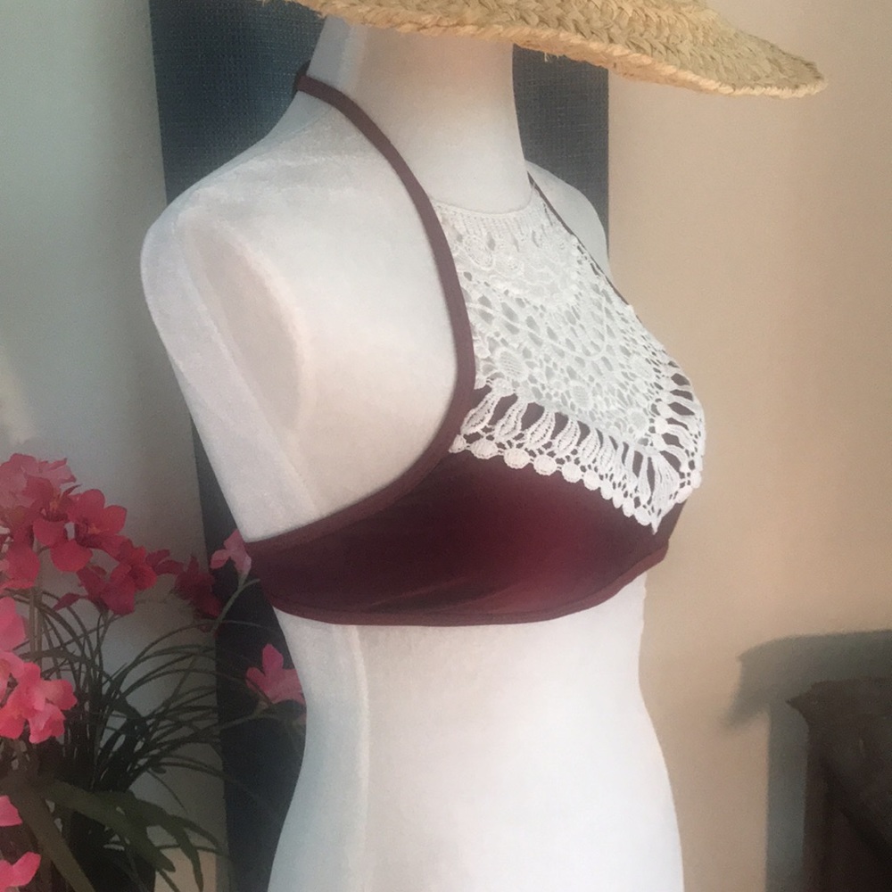 Burgundy & Lace Swim Halter Top